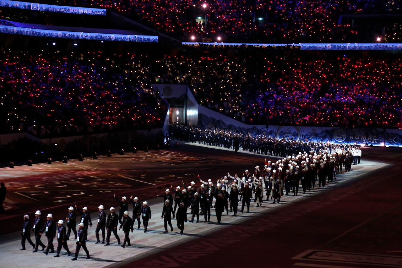 Participants parade during the opening ceremony of the 6th World Nomad Games in Kyrgyzstan, Aug. 31, 2026. (AA Photo)