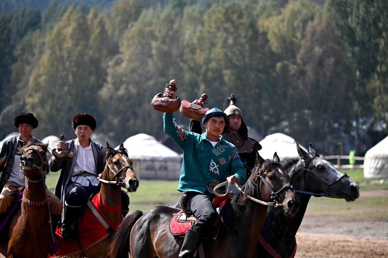 Horsemen take part in a traditional event during the 6th World Nomad Games in Kyrgyzstan, Sept. 2, 2026. (AA Photo)