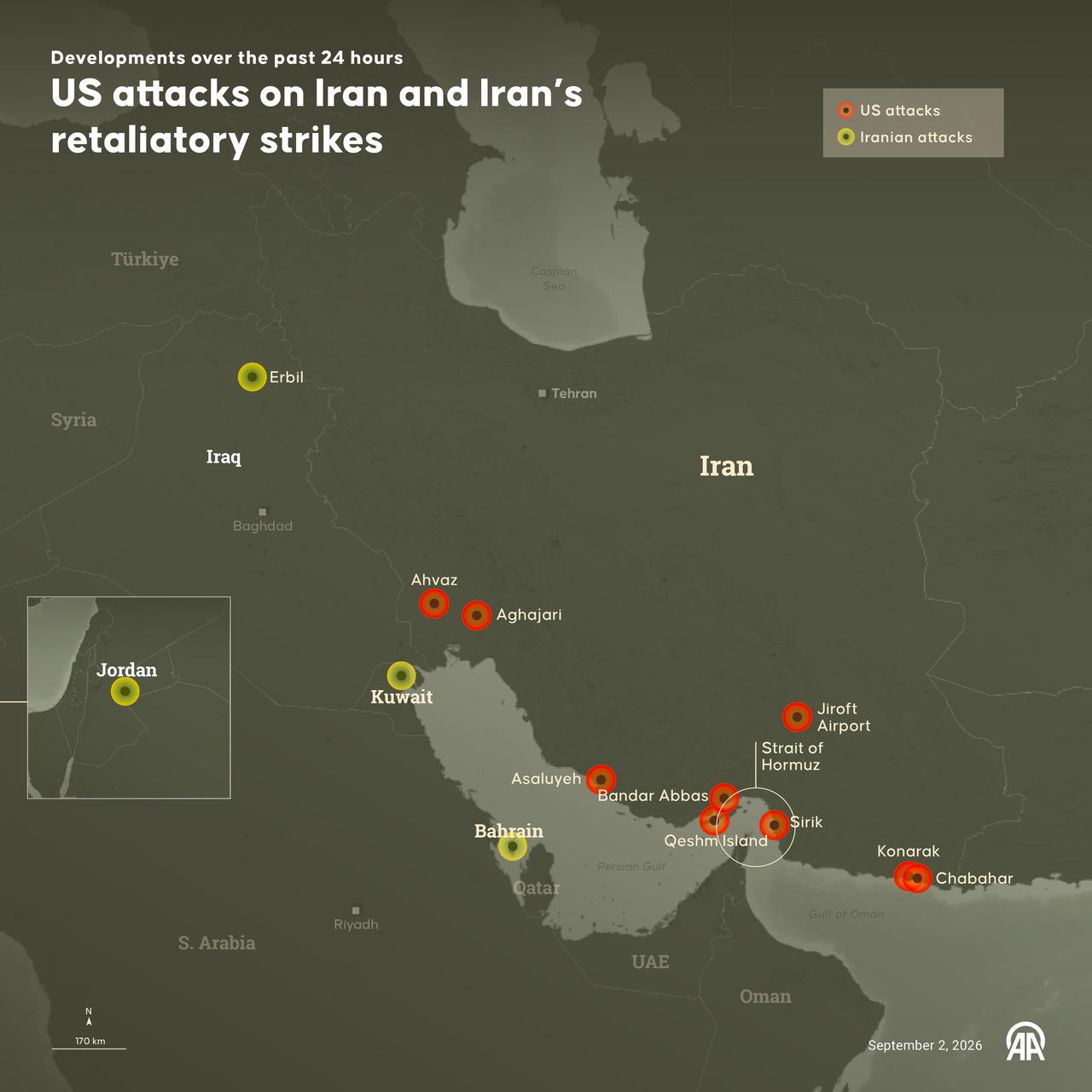 An infographic titled "US attacks on Iran and Iran’s retaliatory strikes and developments over the past 24 hours" created in Ankara, Türkiye on September 2, 2026. (AA Graphics)