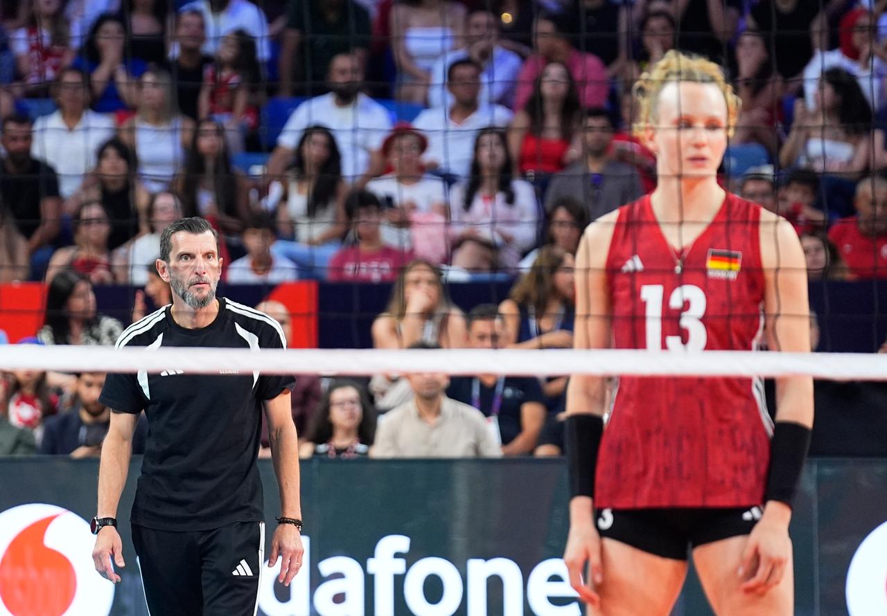Head coach Giulio Cesare Bregoli of Germany looks on during the CEV Women's European Volleyball Championship quarterfinal match between Türkiye and Germany at Sinan Erdem Sports Hall in Istanbul, Türkiye, on September 3, 2026. (AA Photo)