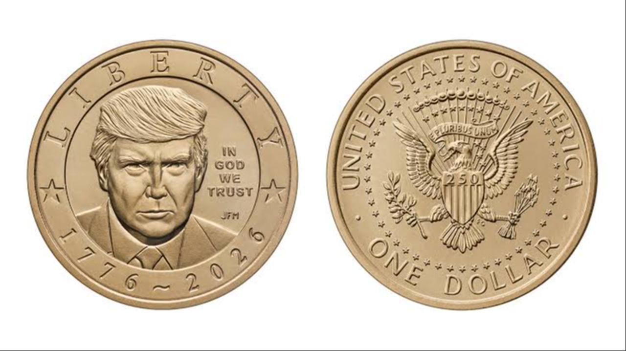 The U.S. Mint’s 2026 $1 coin features President Donald Trump on the obverse and the Presidential Seal on the reverse. (Photo via X)