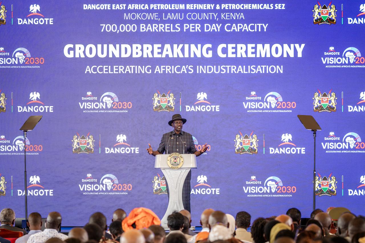 Kenya’s President William Ruto delivers his remarks during the ceremony of the Dangote East Africa Petroleum Refinery at Lamu Port in Kililana, Lamu West, on September 30, 2026.(AFP Photo)