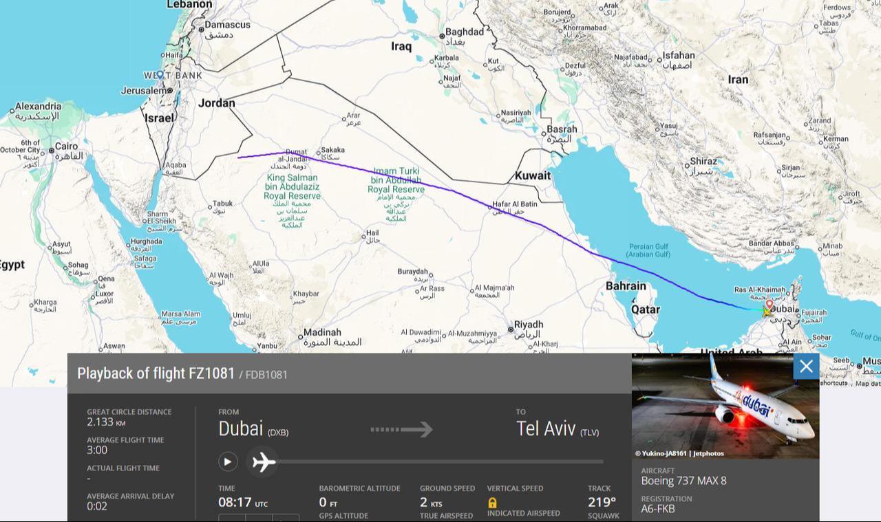 A flight-tracking map shows Flydubai flight FZ1081's route from Dubai to Tel Aviv, Sept. 30, 2026. (Screenshot via Flightradar24)