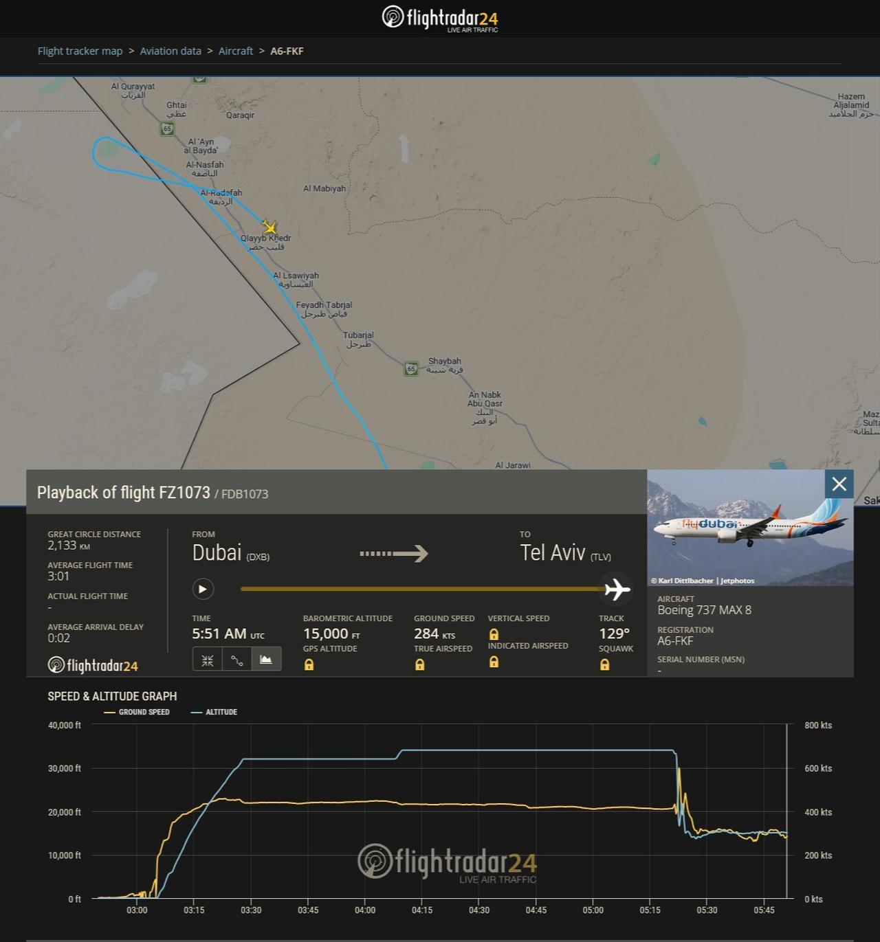 A Flightradar24 screenshot shows the flight path of flydubai flight FZ1073 from Dubai to Tel Aviv as the aircraft turns around over Saudi Arabia, Sept. 30, 2026. (Screenshot via Flightradar24)