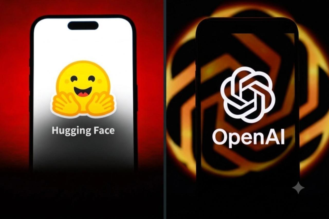 Collage of OpenAI logo and Hugging Face logo on smartphone screens. (Photo via techcrunch.com)