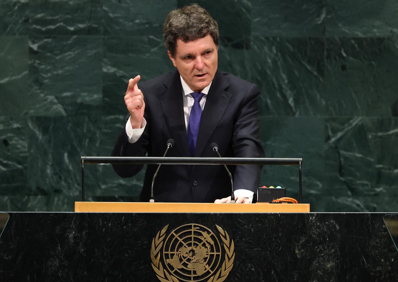 Romania's President Nicusor Dan speaks during the 81st United Nations General Assembly at the United Nations Headquarters in New York, on September 23, 2026. (AFP Photo)