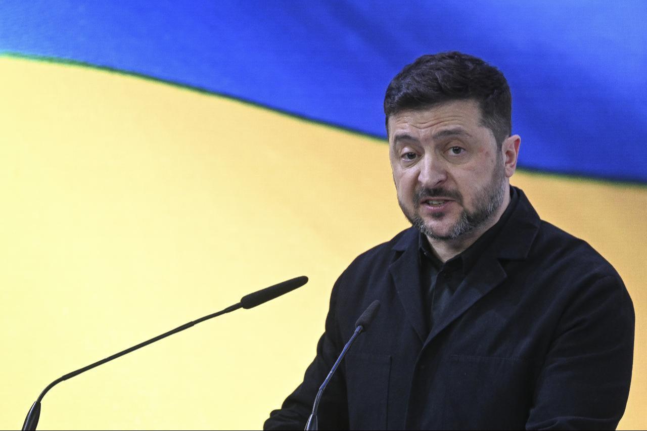 Ukrainian President Volodymyr Zelenskyy makes a speech during the 62nd Munich Security Conference (MSC 2026) in Munich, Germany, on February 14, 2026. (AA Photo)