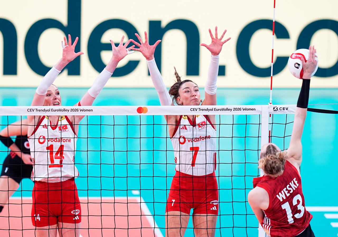 Türkiye players attempt a block during their CEV Women’s EuroVolley 2026 match against Germany in Istanbul, Türkiye, Sept. 3, 2026. (AA Photo)