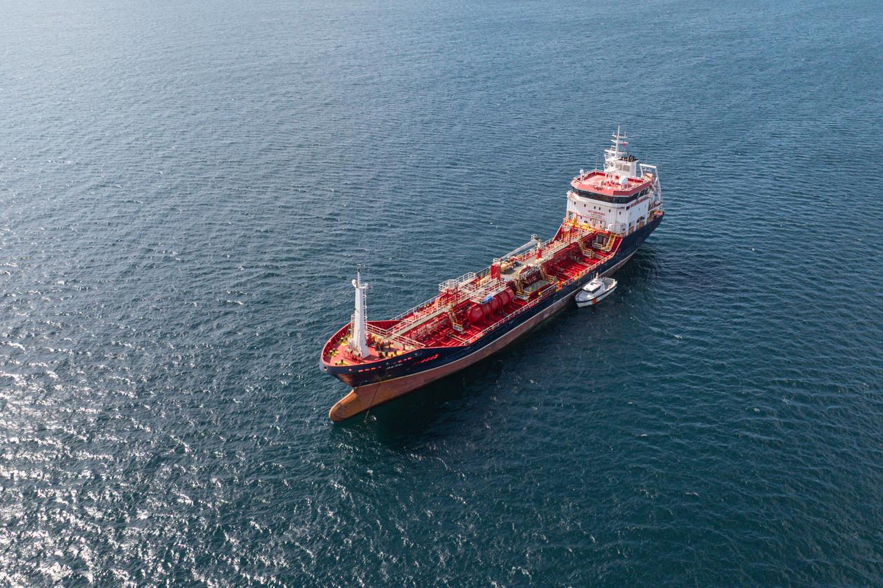 An aerial view of the Turkish-flagged commercial vessel ALSU remaining anchored off the coast of Silivri in Istanbul, Türkiye, September 4, 2026. (AA Photo)