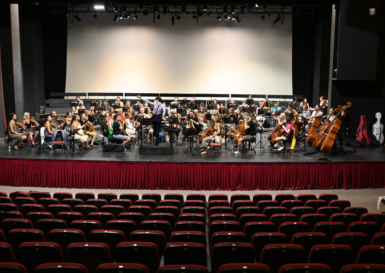 Musicians rehearse onstage ahead of the 33rd International Aspendos Opera and Ballet Festival, which is set to open with the opera “Attila,” in Antalya, Türkiye, Sept. 5, 2026. (AA Photo)