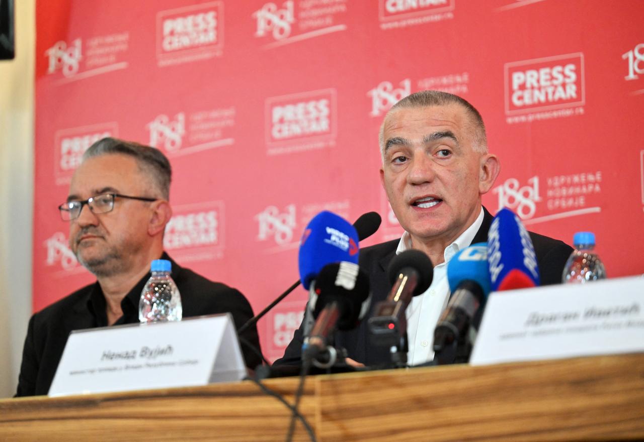Serbia's Minister of Justice Nenad Vujic (R) and Darko Mladic, son of the late former Bosnian Serb military chief Ratko Mladic deliver remarks during a press conference in Belgrade, Serbia, on September 4, 2026. (AFP Photo)
