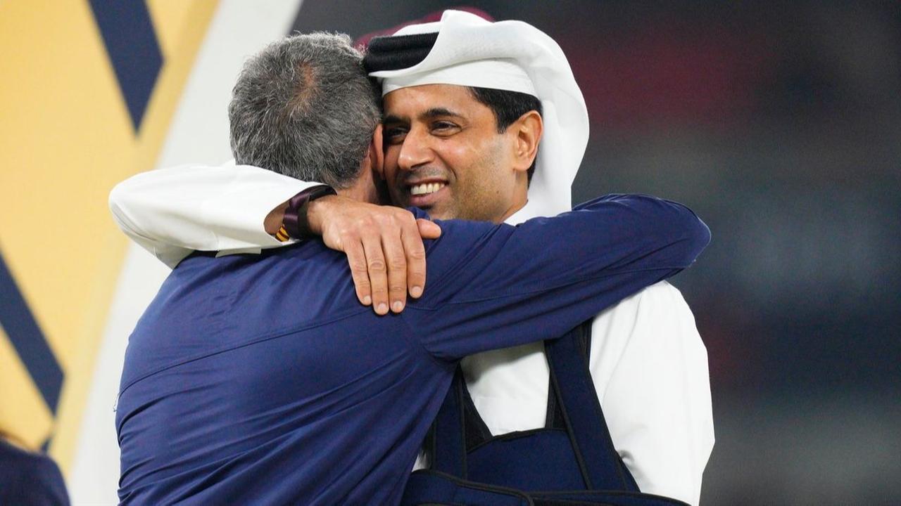 (L) Luis Enrique head coach of PSG and (R) Nasser Ghanim Tubir Al-Khelaifi PSG president after win FIFA Intercontinental Cup 2025 Final match between Paris Saint-Germain FC and Flamengo at Ahmad Bin Ali Stadium on December 17, 2025 in Doha, Qatar. (AFP Photo)
