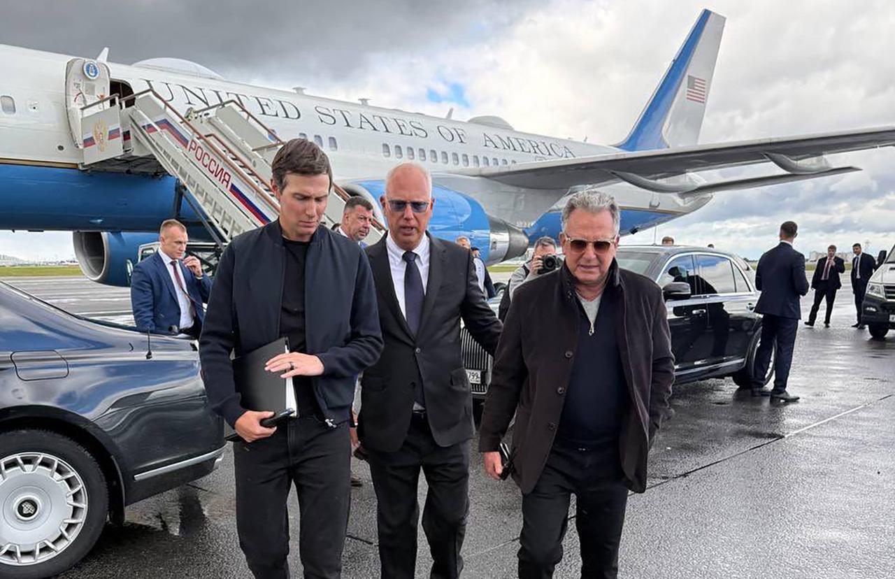 In this handout photograph posted on the official X account of Russia's presidential envoy Kirill Dmitriev, US President Donald Trump's son-in-law Jared Kushner (L) and US Special Envoy Steve Witkoff (R) are welcomed by Russia's presidential envoy Kirill Dmitriev (C) upon their arrival at Vnukovo International Airport in Moscow on September 5, 2026. (Photo by X/@kadmitriev / HO / AFP)