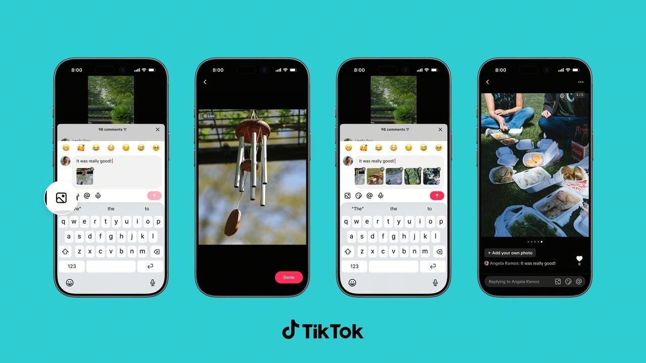 Screenshots showing TikTok's new Live Photo and Photo Carousel Comments features, which let users attach a moving preview image or up to nine photos to a single comment. (Photo via tiktok.com)