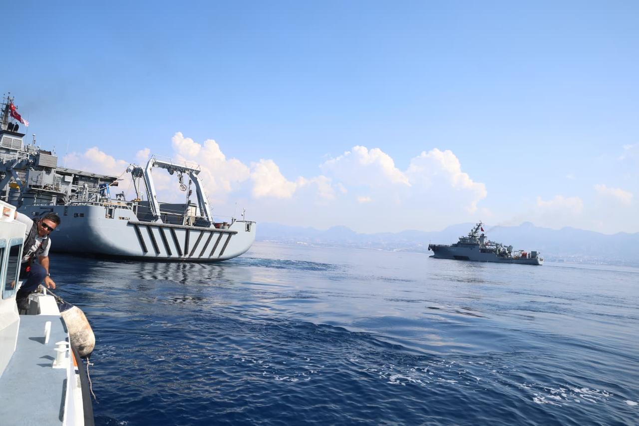 The TCG Alemdar Search and Rescue Vessel, part of the Turkish Naval Forces fleet, is seen as search and rescue operations continue to locate 16 people missing from the passenger ship "Filo Jet," which sank off Girne, and to recover the black box, in TRNC, on September 4, 2026. (AA Photo)