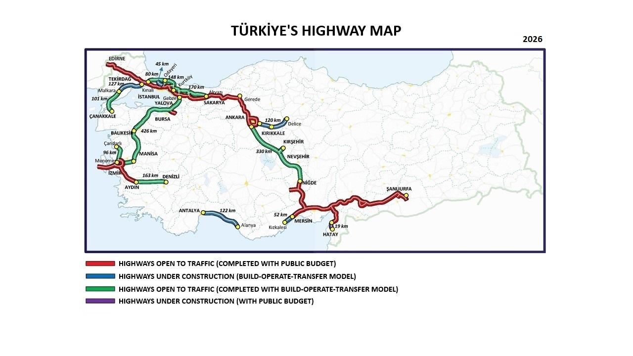 Map shows Türkiye’s highway network in 2026. (Image via kgm.gov.tr)