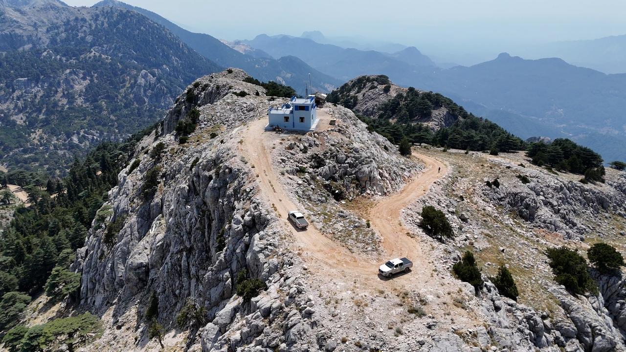 Aerial view of the Akcal Fire Lookout Tower in Candir.(AA Photo)