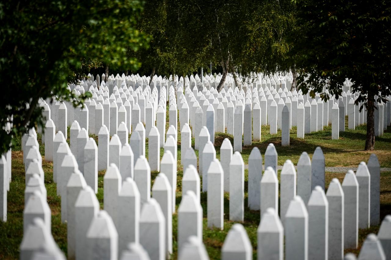 This photograph shows the memorial cemetery in the village of Potocari, near the eastern Bosnian town of Srebrenica, on August 28, 2026, one day after the death of former Bosnian Serb military chief Ratko Mladic, 84, who died in a prison hospital in The Hague after suffering several strokes. (AFP Photo)