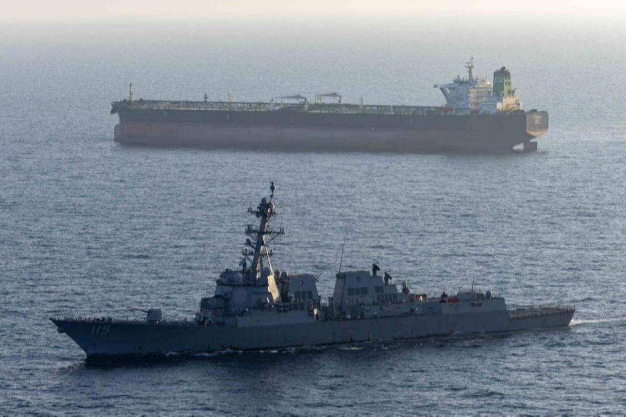 Guided-missile destroyer USS Rafael Peralta (DDG 115) moves to intercept the crude oil tanker M/T Stream as it heads toward Iran, April 26, 2026. (Photo via X/@CENTCOM)