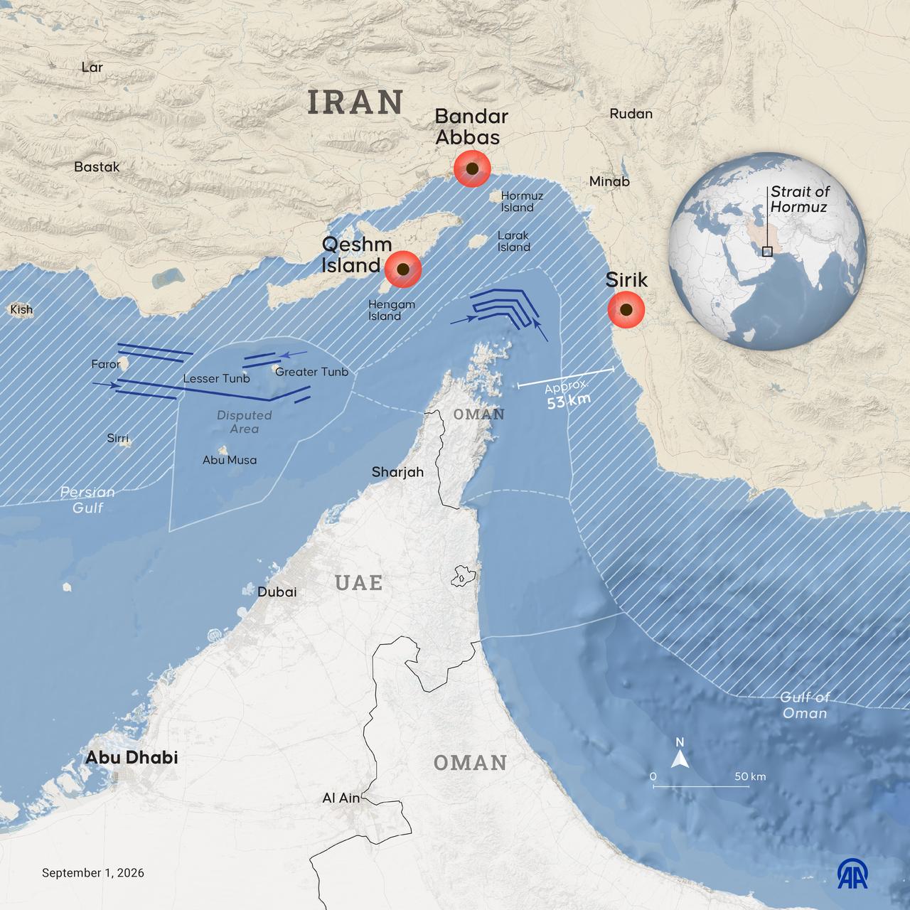 An infographic showing "Locations of reported explosions in the Strait of Hormuz" created in Ankara, Türkiye on September 1, 2026. (AA Graphics)