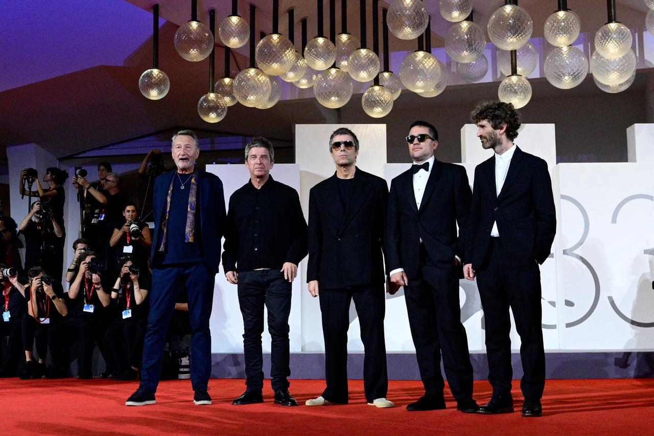 From left : Steven Knight, British brothers Noel Gallagher and Liam Gallagher, Dylan Southern and Will Lovelace attend the red carpet event for the screening of "Oasis: don't look back in anger" at Venice Lido on Sept. 5, 2026. (AFP Photo)