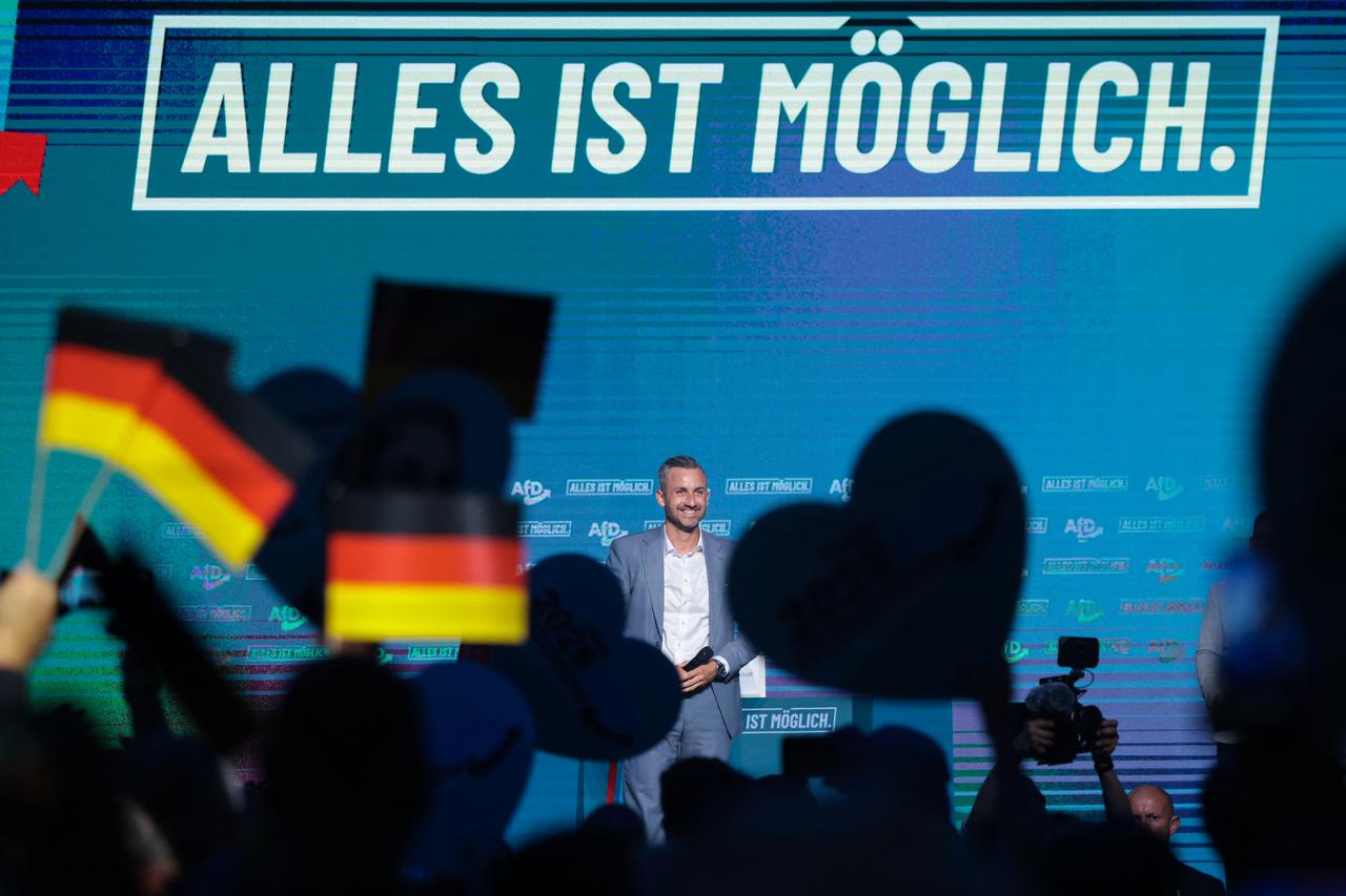 Ulrich Siegmund, top candidate in the Saxony-Anhalt state election for the far-right Alternative for Germany (AfD) party, addresses a campaign event in Magdeburg, eastern Germany, on September 5, 2026. (AFP Photo)