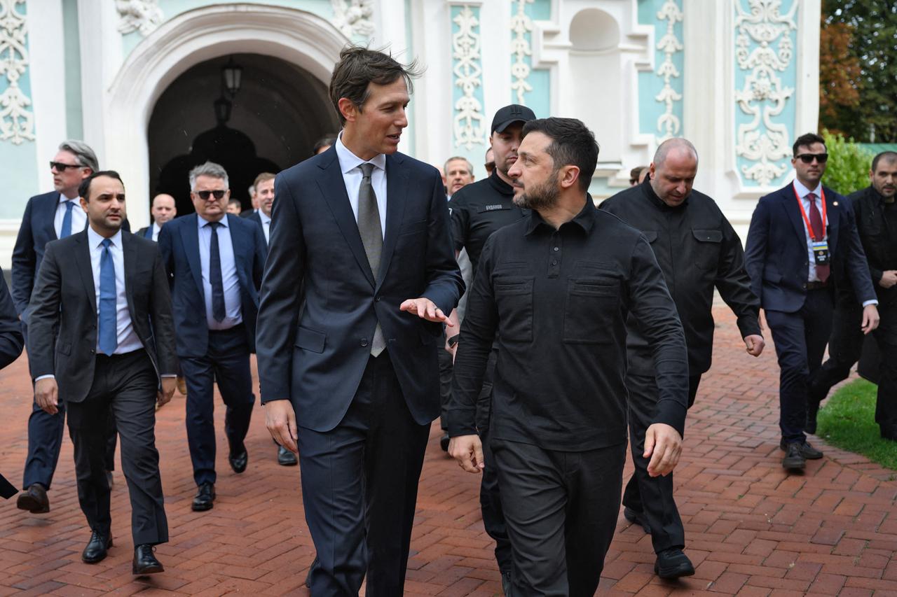In this handout photograph taken and released by the Ukrainian Presidential Press Service on September 6, 2026, Ukraine's President Volodymyr Zelenskyy (C-R) and US Envoy Jared Kushner (C-L) visit St. Sofia Cathedral in Kyiv, amid the Russian invasion of Ukraine.(Photo by Handout / Ukrainian Presidential Press Service / AFP)