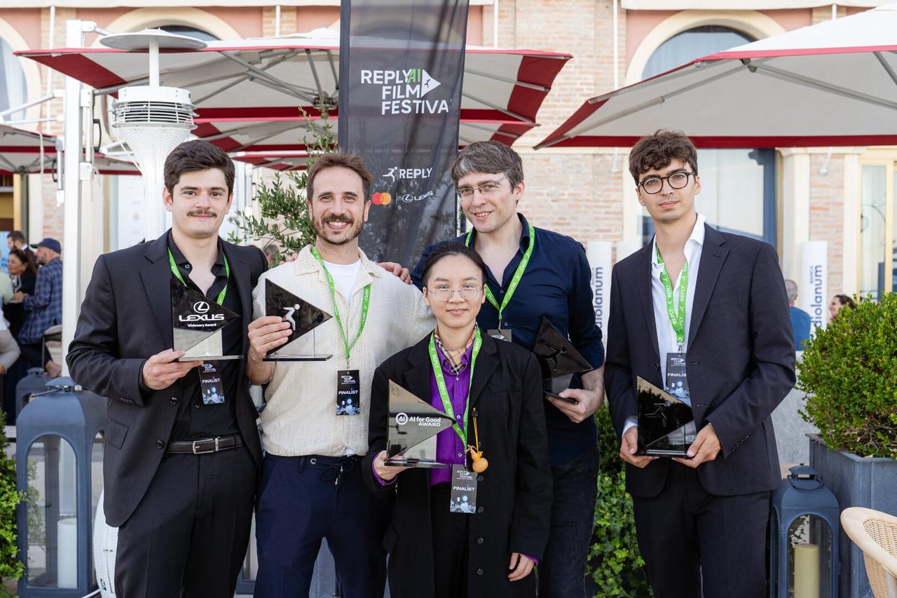Winners pose with awards during the Reply AI Film Festival in Venice, Italy, 2025. (Photo courtesy of Reply AI Film Festival)
