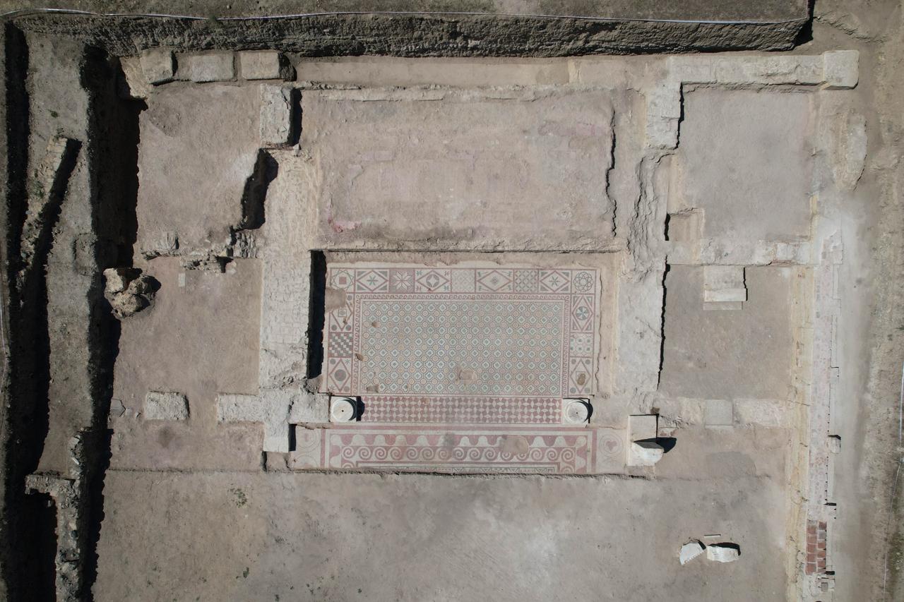 An aerial view shows the excavated basilica and its well-preserved mosaic floor at the ancient city of Pompeiopolis in Kastamonu, Türkiye. (Photo via Ministry of Culture and Tourism)