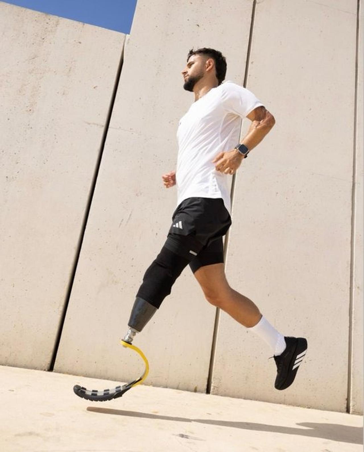 Former Israeli soldier Shalev Biton is shown running as part of the Adidas advertising campaign. (Photo via X/@TheCradleMedia)