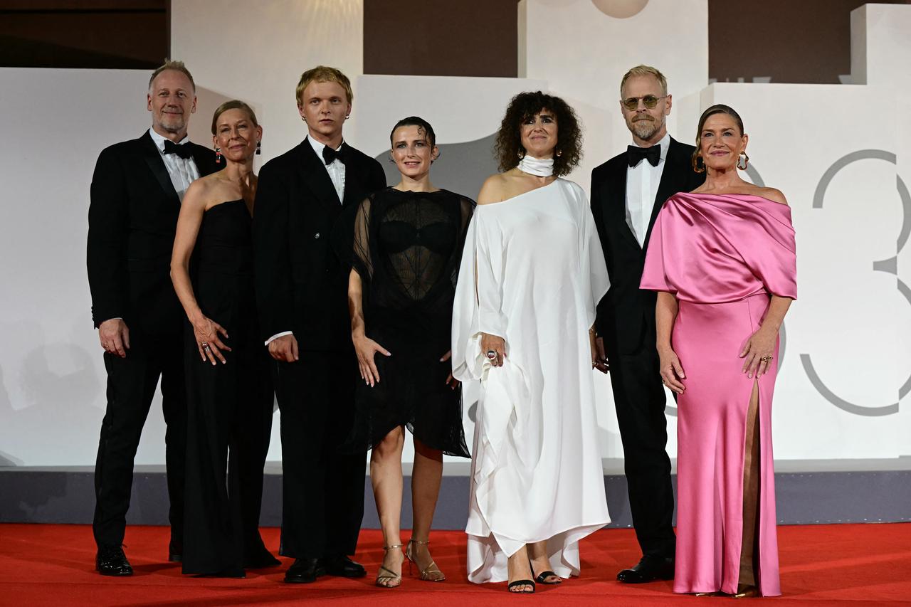 (From L)  Mikael Rieks, Maren Louise Kaehne, Thorbjoern Hedegaard, Mathilde Arcel, May El-Toukhy, Bjoernlund and Marina Bouras attend the red carpet event before the screening of "Woman Unknown." (AFP Photo)