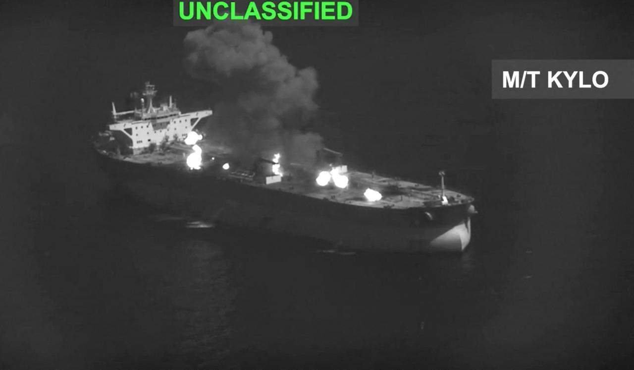 This screen grab shows US military forces striking an Iranian crude oil tanker, M/T Kylo, in the Gulf of Oman, Sept. 5, 2026. (AFP Photo/Handout/US Central Command (CENTCOM))