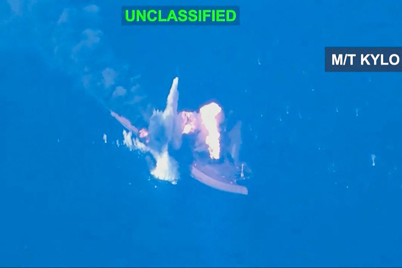 The screen grab shows strikes that destroyed three oil tankers linked to the Islamic Revolutionary Guard Corps after the Iranian military organization fired on American warships on Sept. 5, 2026. (AFP Photo)