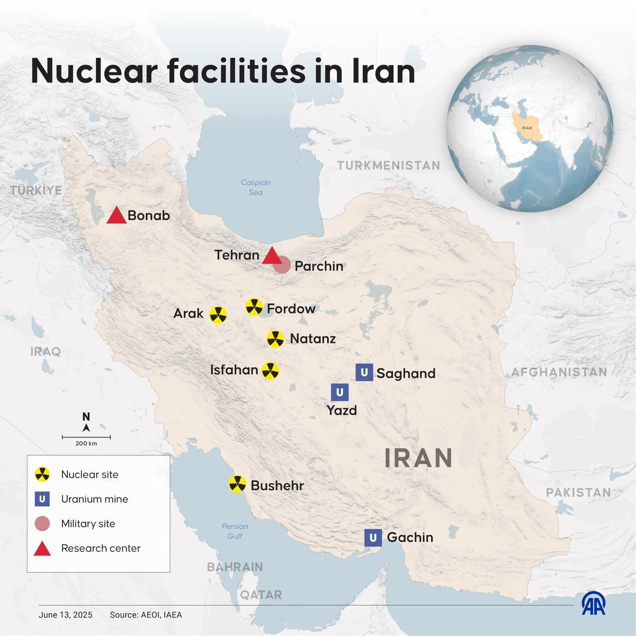 An infographic titled "Nuclear facilities in Iran," created in Istanbul, Türkiye, on June 13, 2025. (AA Infographic)