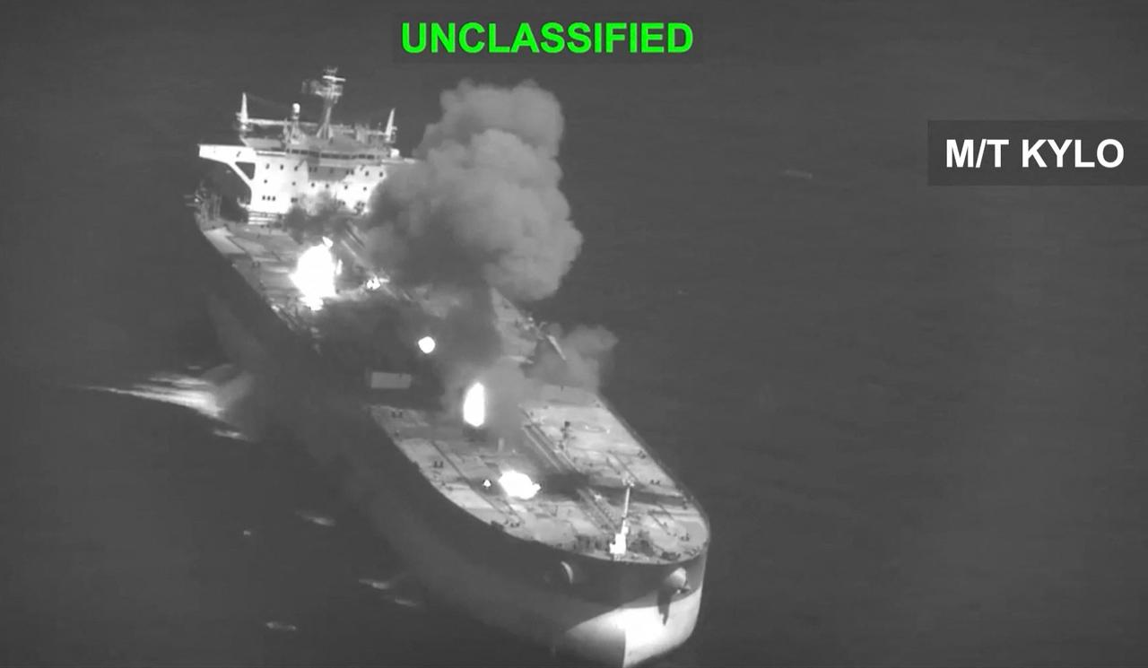 This screen grab shows US military forces striking an Iranian crude oil tanker, M/T Kylo, in the Gulf of Oman, Sept. 5, 2026. (AFP Photo/Handout/US Central Command)