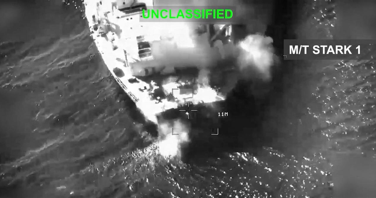 This screen grab shows US military forces striking an Iranian crude oil tanker, M/T Stark 1, in the Gulf of Oman, Sept. 5, 2026. (AFP Photo/Handout/US Central Command)