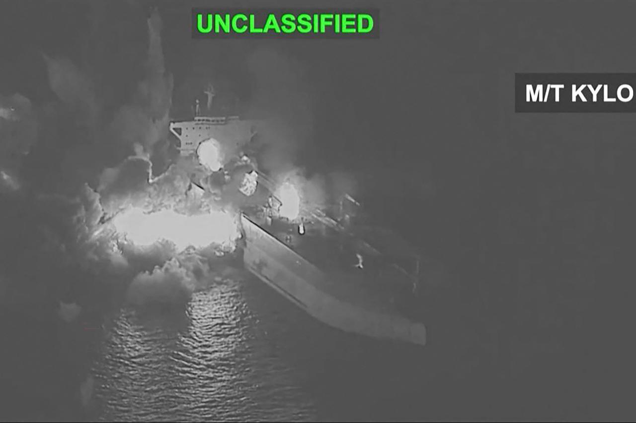 This screen grab shows US military forces striking an Iranian crude oil tanker, M/T Kylo, in the Gulf of Oman, Sept. 5, 2026. (AFP Photo/Handout/US Central Command)