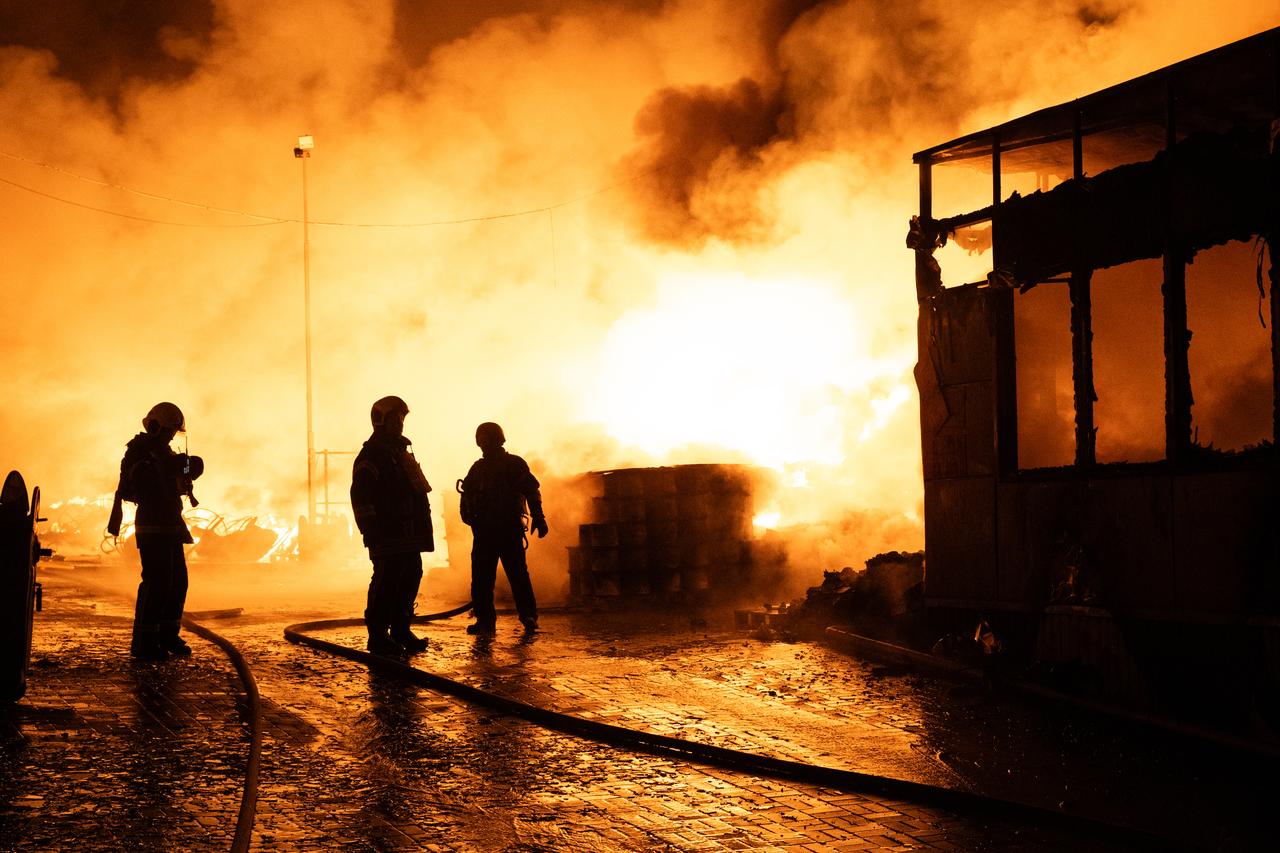 Firefighters work to extinguish fire following a Russian attack on Kyiv, Ukraine on September 8, 2026. (AA Photo)
