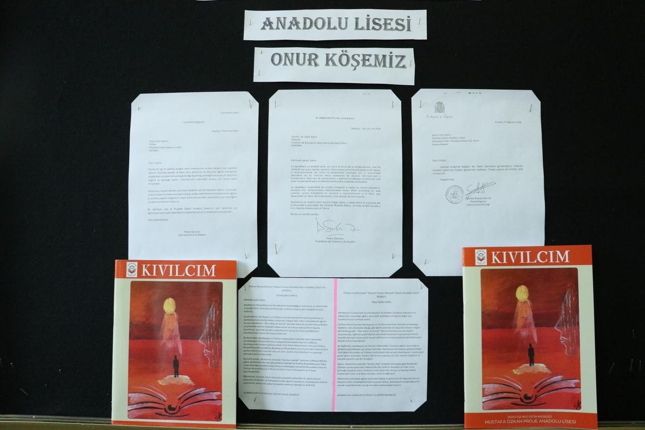 Copies of the Kivilcim literary magazine are displayed alongside correspondence received by Mustafa Ozkan Anatolian High School in Kayseri, Türkiye. (AA Photo)