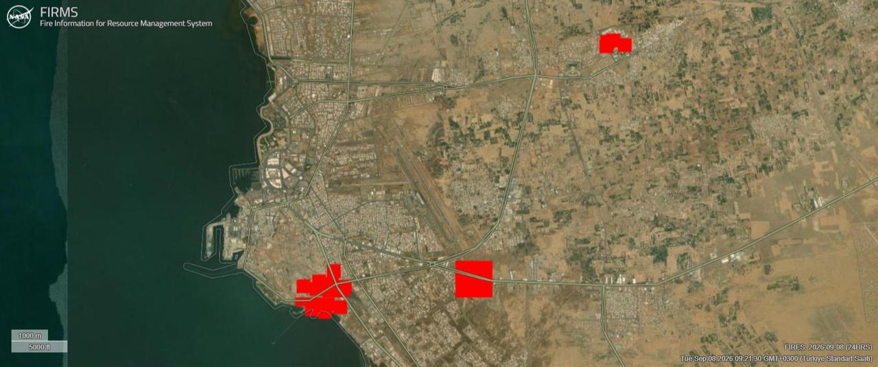The photo shows the locations of active fires in Jizan, Saudi Arabia's industrial city, on Sept. 8, 2026. (Photo via firms.modaps.eosdis.nasa.gov)