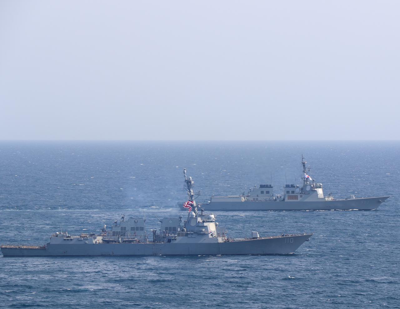 The Arleigh Burke-class guided-missile destroyer USS William P. Lawrence (DDG 110), left, and the Sejong the Great-class destroyer ROKS Yulgok Yi-I (DDG-992), right, sail together during Maritime Counter Special Operations Exercise (MCSOFEX) May, 8, 2025. (U.S. Navy Photo)