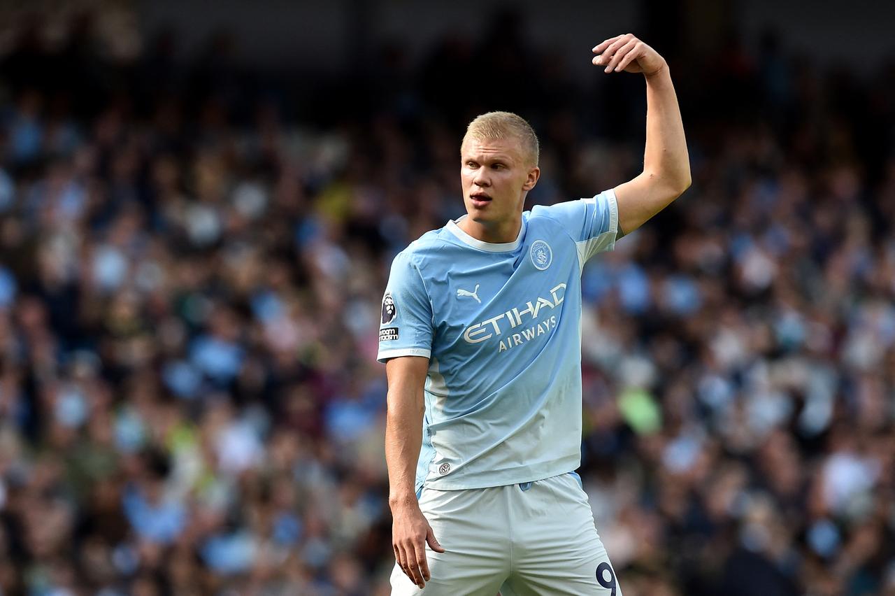 Manchester City's Norwegian striker #09 Erling Haaland celebrates scoring the team's first goal during the English Premier League football match between Manchester City and Coventry City at the Etihad Stadium in Manchester, north west England, September 5, 2026. (AFP Photo)