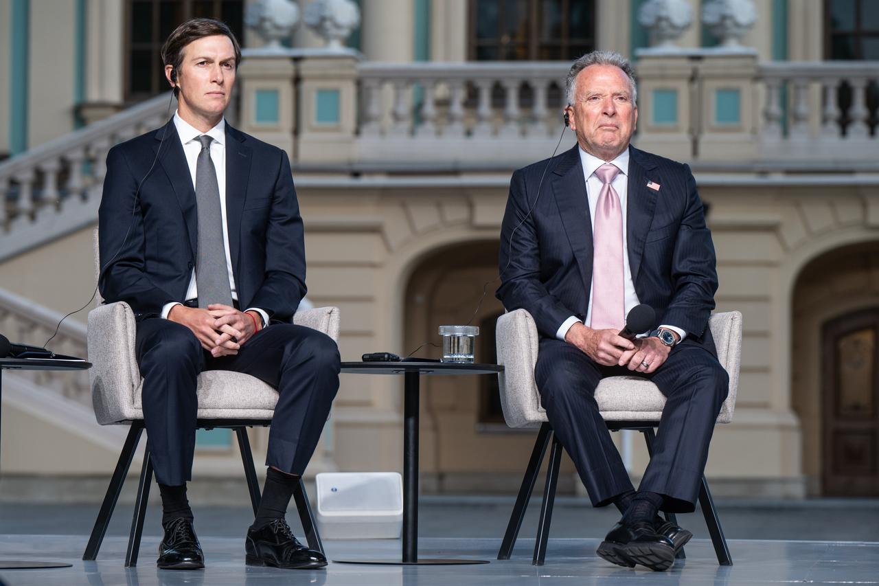 US special envoys Jared Kushner (L) and Steve Witkoff (R) are seen during the joint press conference with Ukrainian president Volodymyr Zelenskyy (not seen) in Kyiv, Ukraine, on September 06, 2026. (AA Photo)