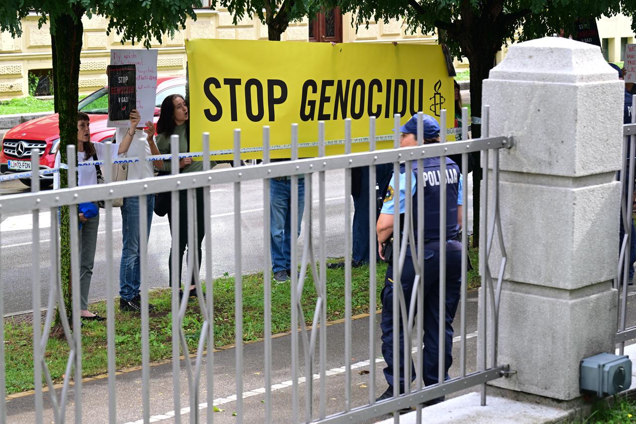 Protestors hold an anti-Israeli slogan during the opening ceremony of Israel’s embassy in Slovenia in Ljubljana on September 9, 2026. (AFP Photo)