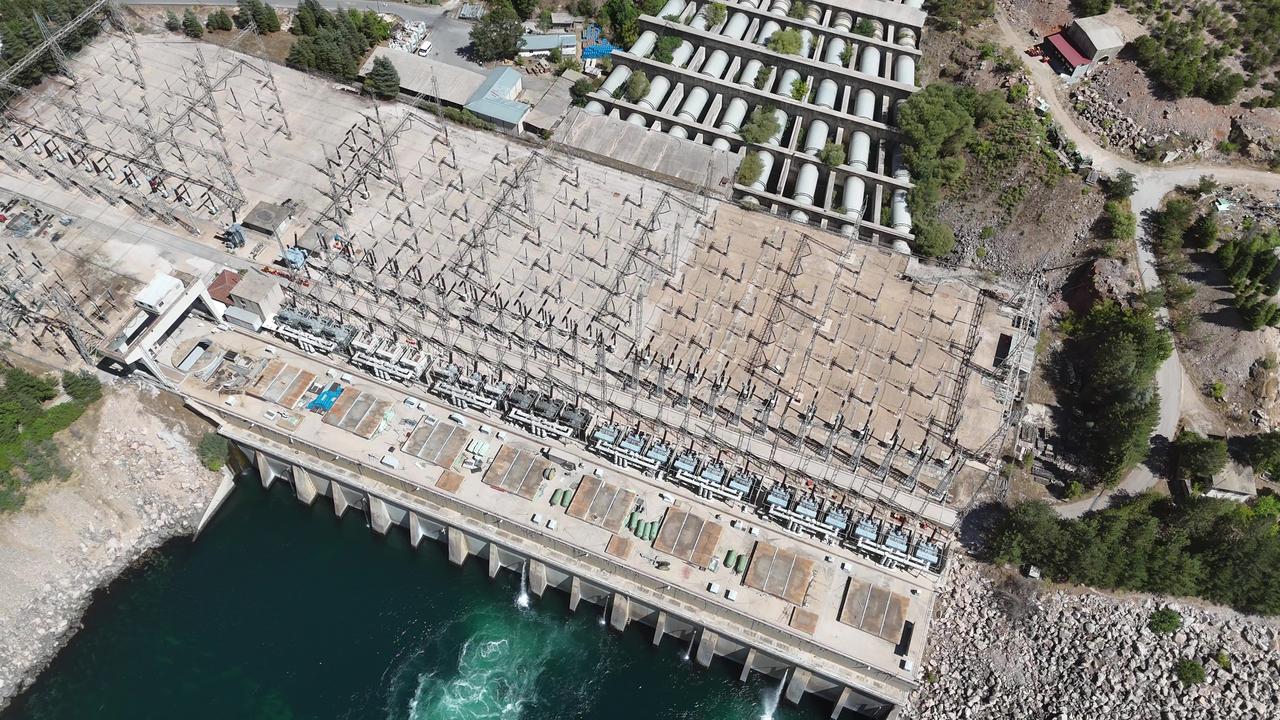 An aerial view of Keban Hydroelectric Power Plant's power lines and switchyard, located on the Euphrates River in Elazig, Türkiye. (AA Photo)