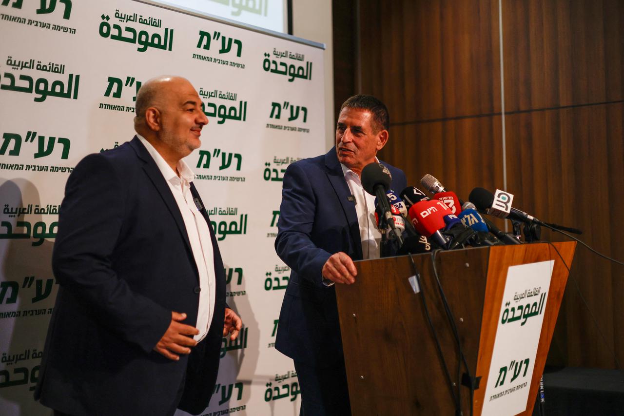 Leader of the Arab Israeli party Ra'am (United Arab List) Mansour Abbas (L) and Israeli politician Yoav Segalovitz attend a news conference in Nazareth on August 31, 2026. (AFP Photo)