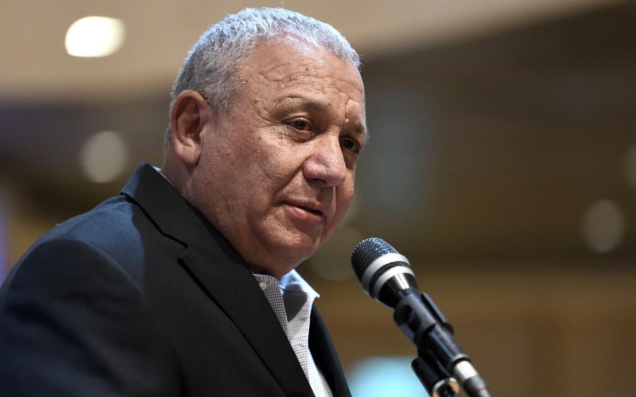 Gadi Eisenkot, leader of the Yashar party and a former IDF chief of staff, speaks during an election campaign rally in Nordiya, Israel, on August 31, 2026. (Photo by Gili Yaari / NurPhoto / NurPhoto via AFP)