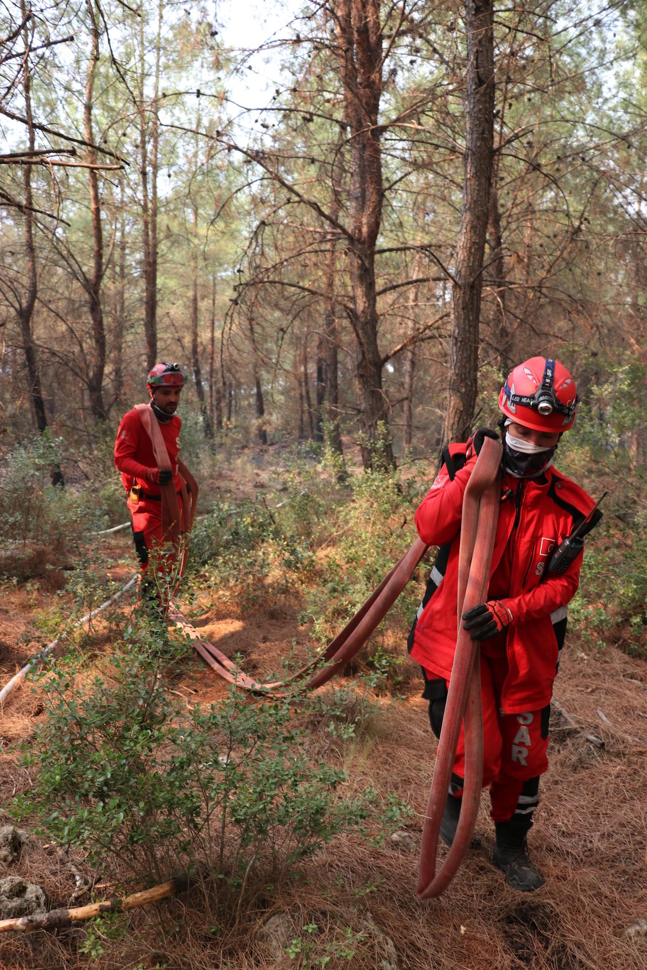 The couple hauling fire hoses through scorched woodland as they advance toward hot spots. (AA Photo)