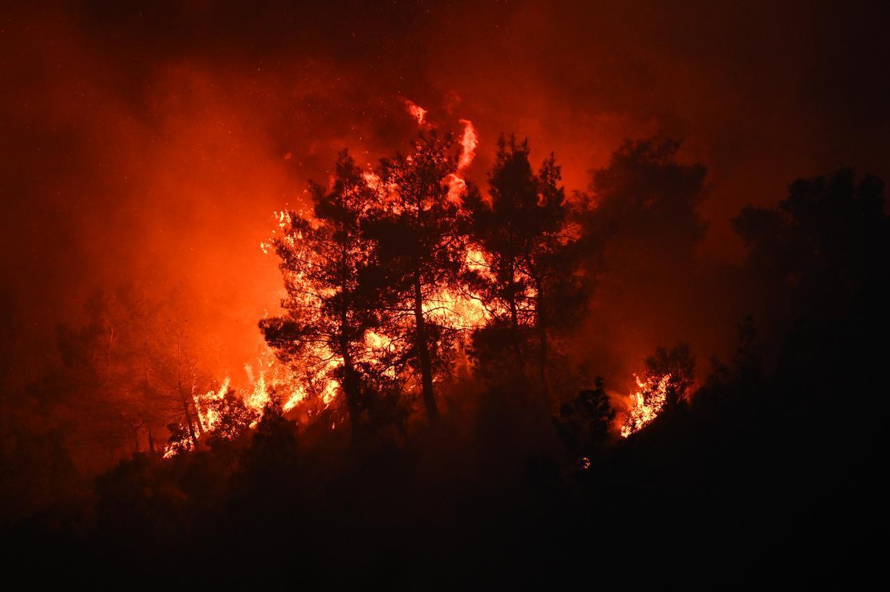 Flames and thick smoke rise from a forest fire that started in the rural area of Doganalani neighborhood and spread to surrounding neighborhoods in Kozan district of Adana, Türkiye, as firefighting efforts continue to bring the blaze under control, on September 8, 2026. (AA Photo)